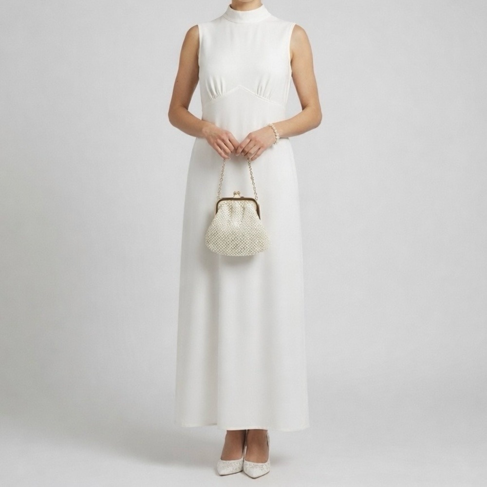 Vintage 60s 70s Off White Mock Neck Maxi Dress MCM Bridal Minimal Column S
